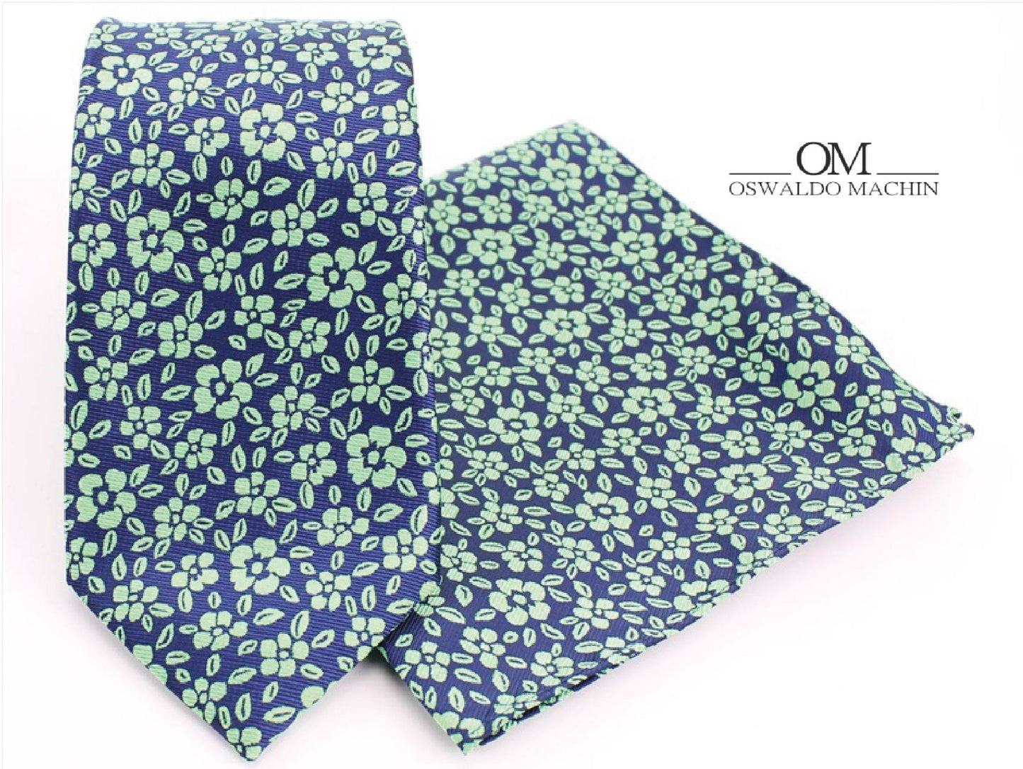 Pack corbata pañuelo azul marino con estampado flores verde