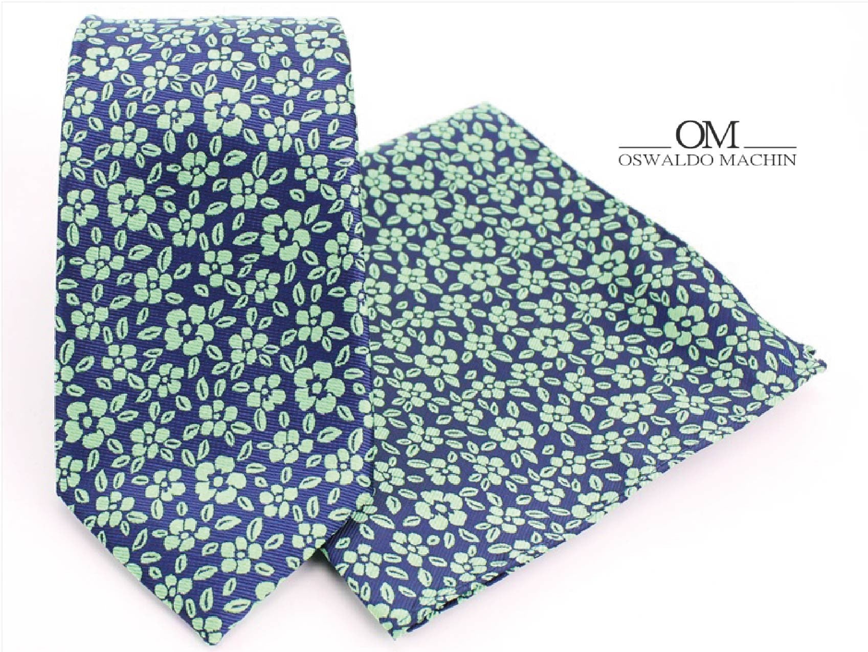 Pack corbata pañuelo azul marino con estampado flores verde